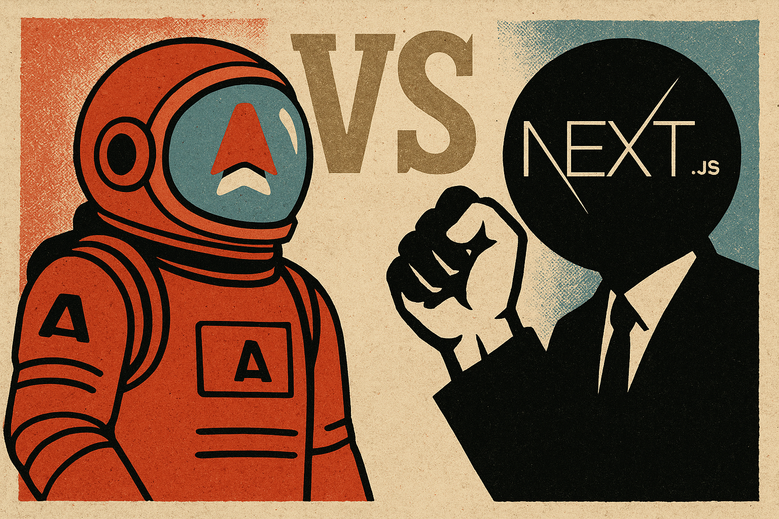 Retro-Illustration: Astro-Astronaut vs. Next.js im Vintage-VS-Poster-Stil